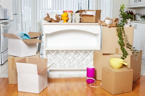 Separated recycling bins and packed moving boxes